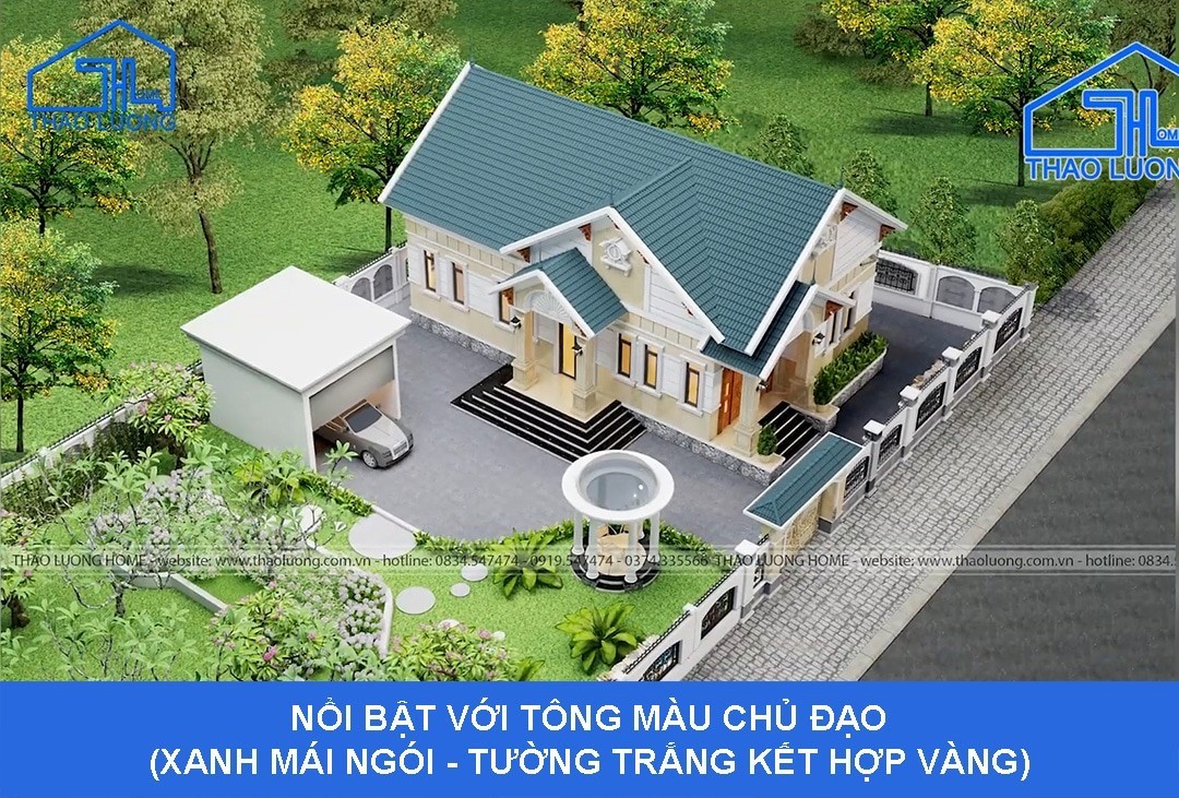 Ngôi nhà nổi bật với tông màu xanh của mái ngói, trắng kết hợp vàng của tường nhà