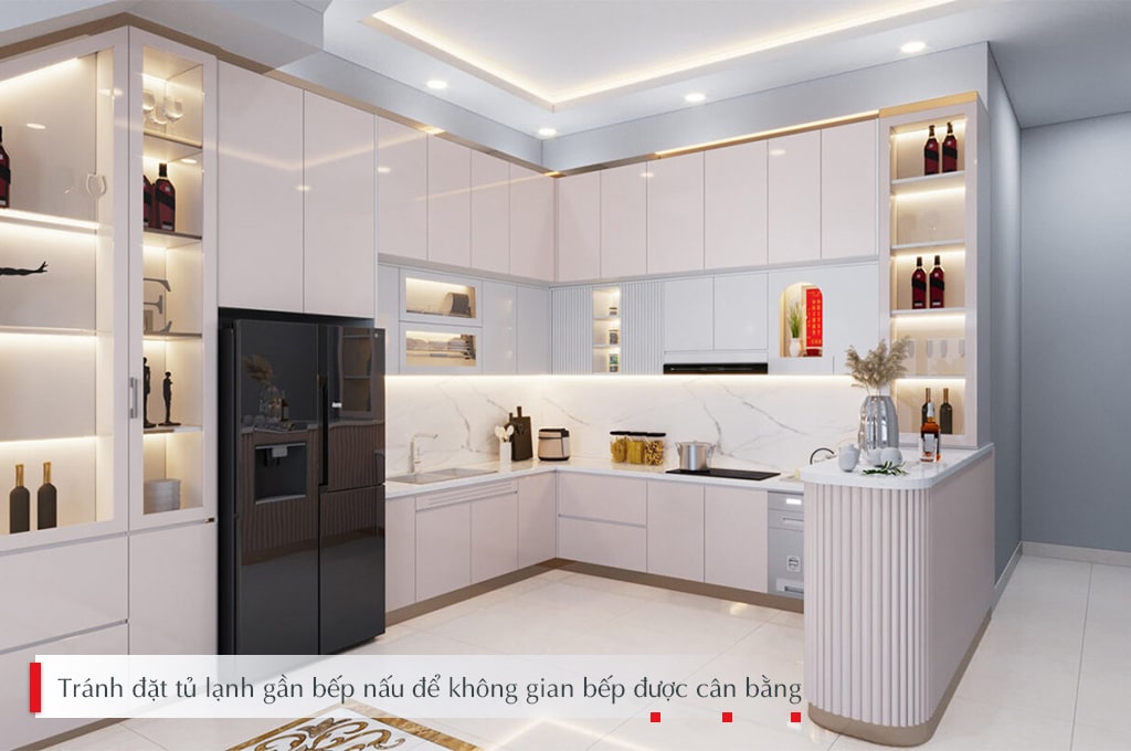 Tránh đặt tủ lạnh gần bếp nấu để không gian bếp được cân bằng